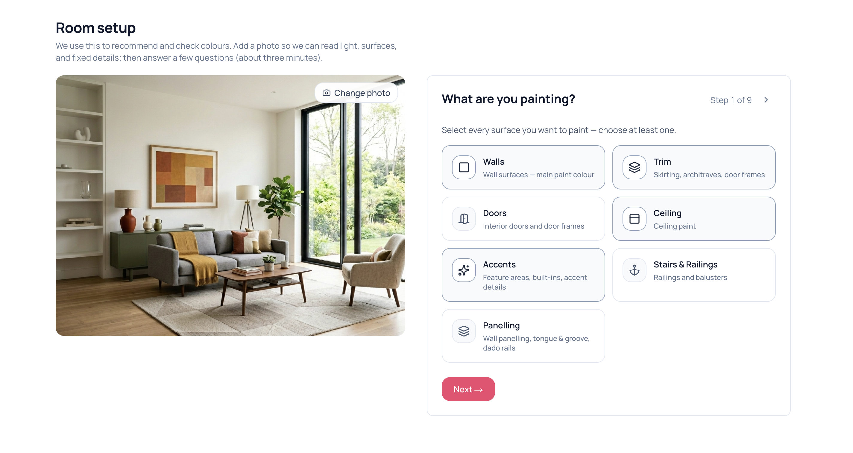 Room setup form with photo upload and surface selection