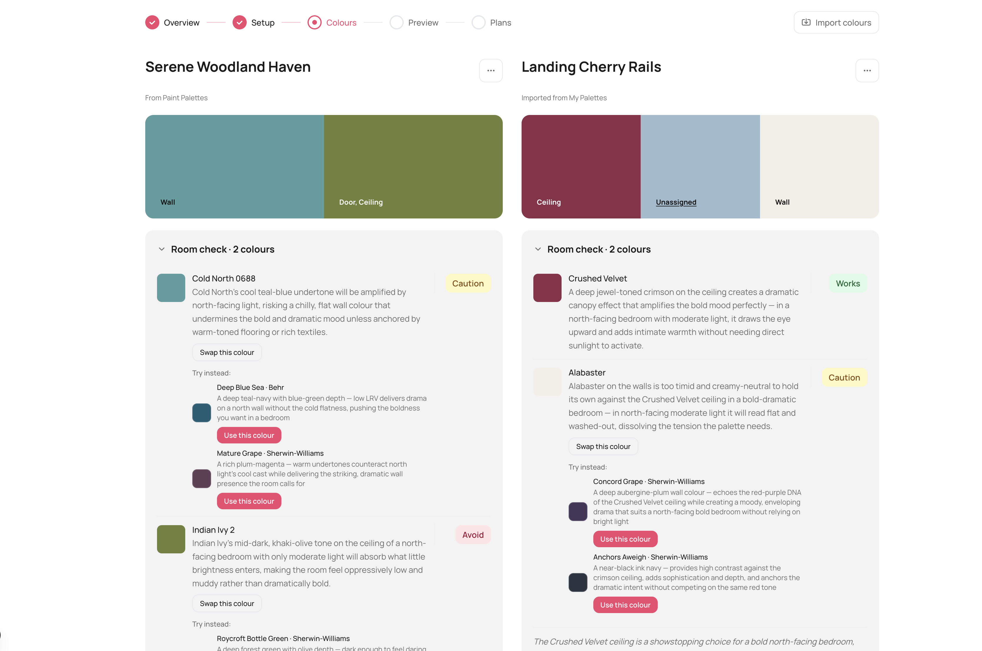 Palette builder showing colours saved from multiple brands