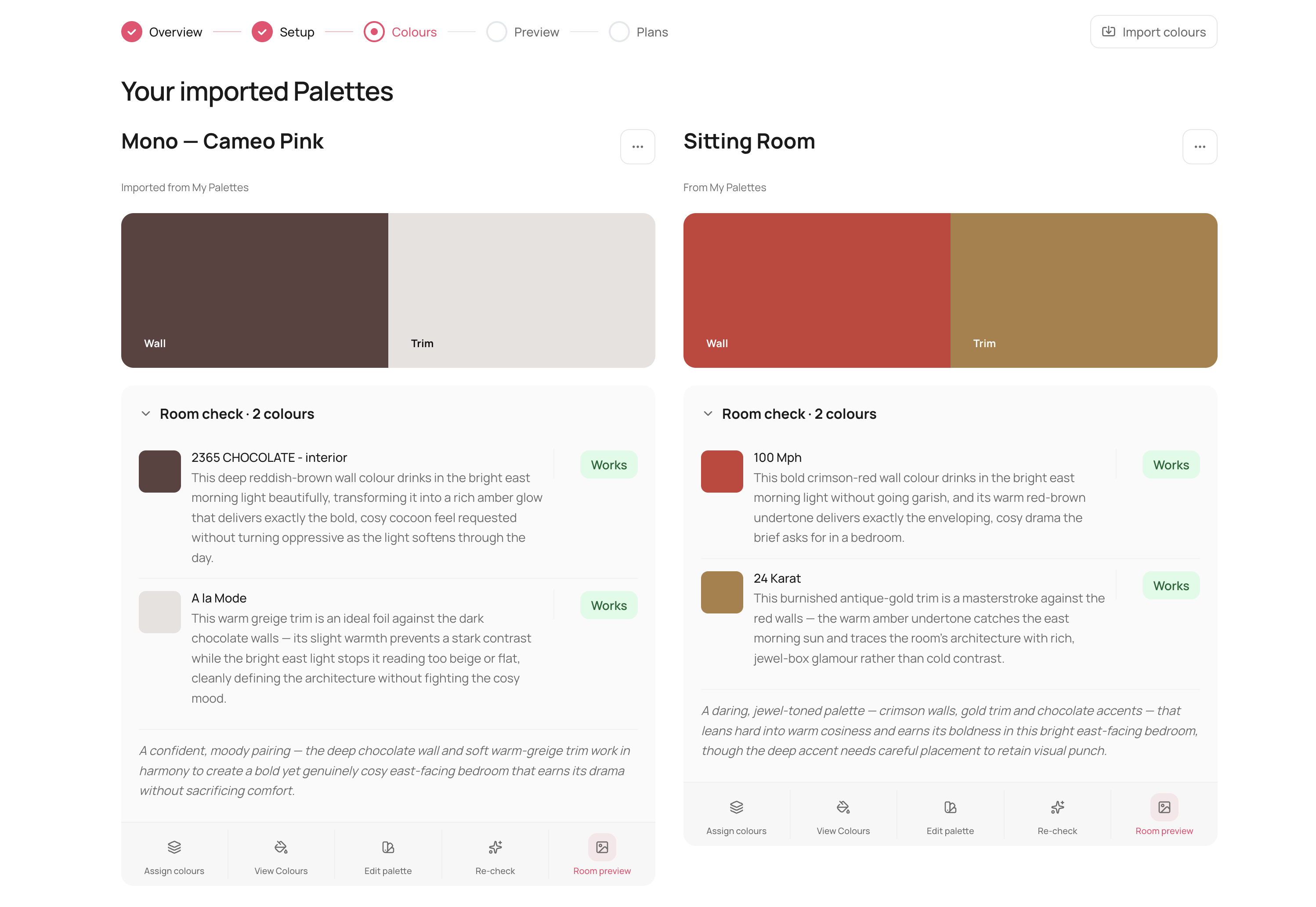AI verdict panel showing Works, Caution and Avoid ratings per colour